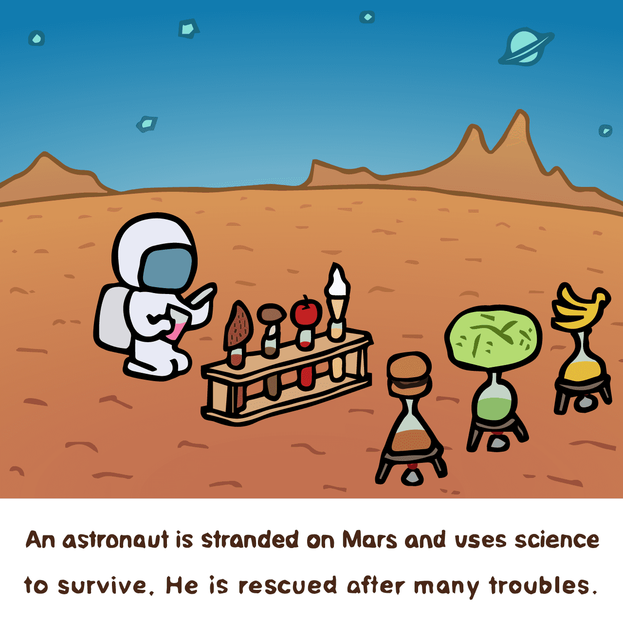 Andy Weir "The Martian : An astronaut is stranded on Mars and uses science to survive. He is rescued after many troubles."